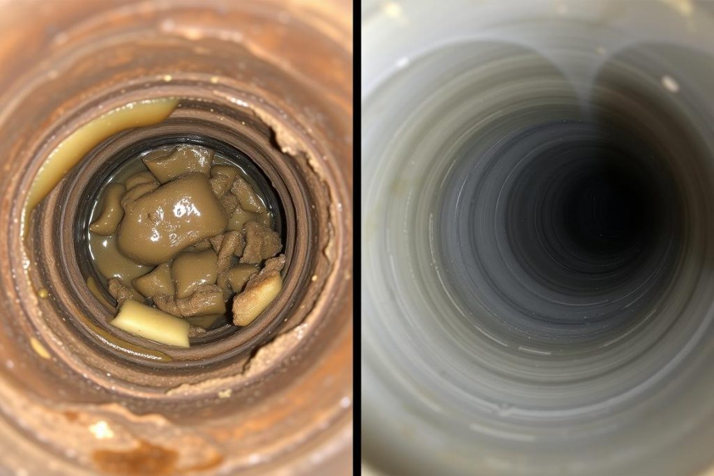 Before and after comparison of clogged drain pipe showing buildup removal through professional cleaning in La Jolla home