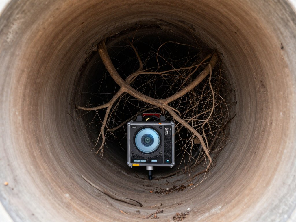 Camera inspection showing tree roots inside old clay sewer pipe