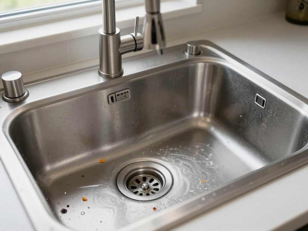 Clogged kitchen sink drain with water backing up in Pacific Beach home
