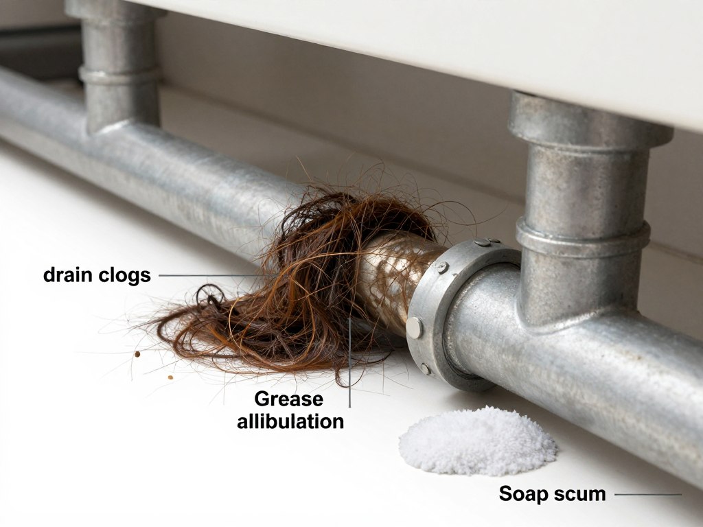 Common household drain clogs including hair and grease buildup