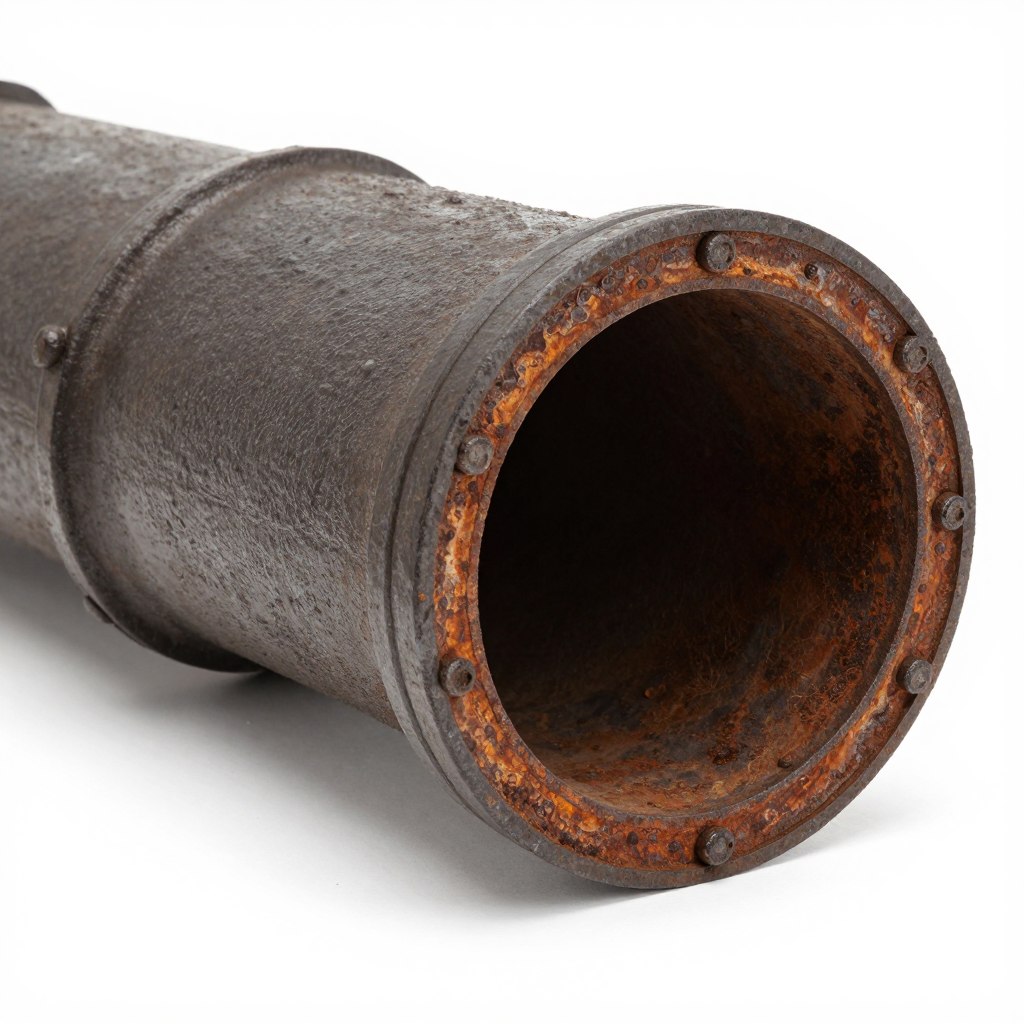 Corroded cast iron drain pipe cross-section showing rust buildup