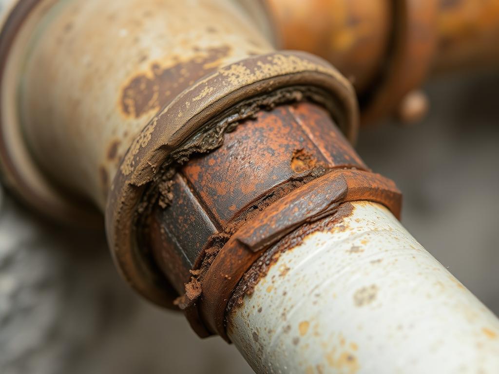 Corroded drain pipe joint showing effects of saltwater exposure in La Jolla coastal property