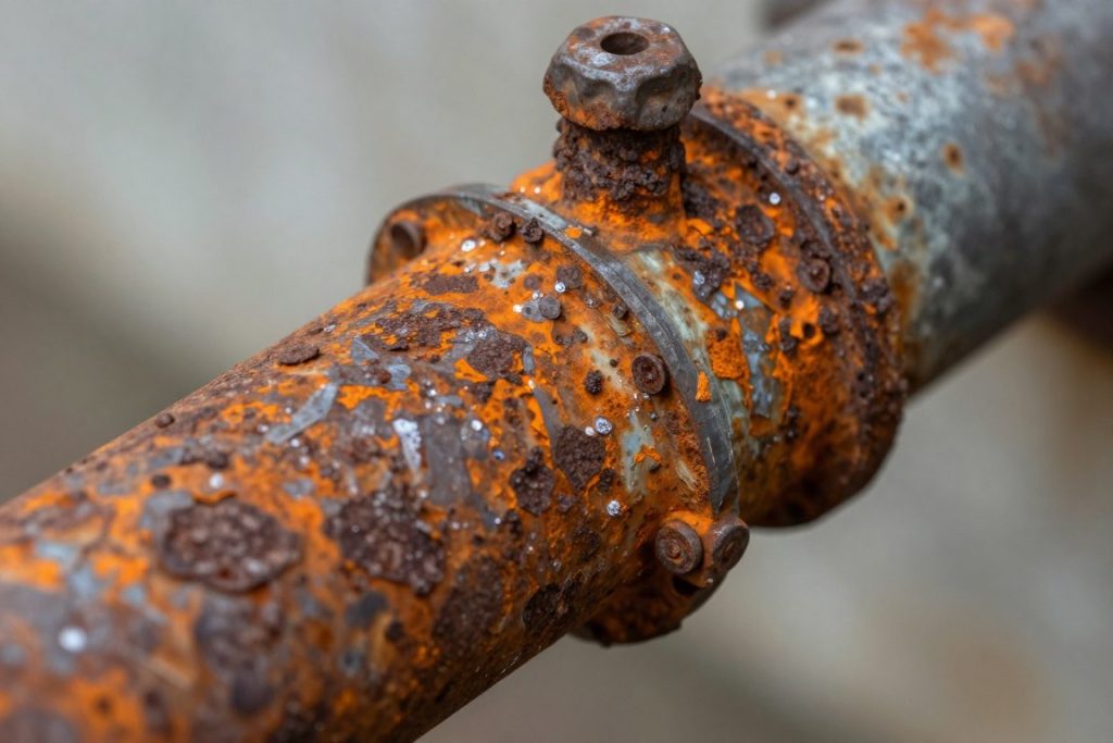 Corroded metal drain pipe showing salt air damage effects
