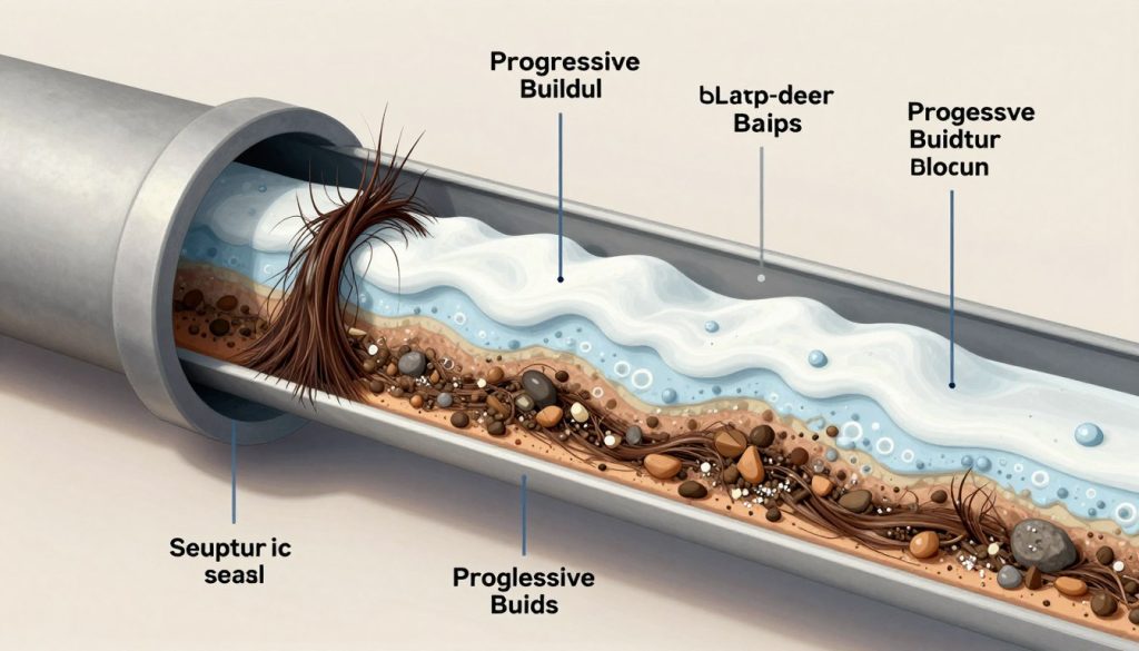Cross-section view of clogged drain pipe showing buildup accumulation