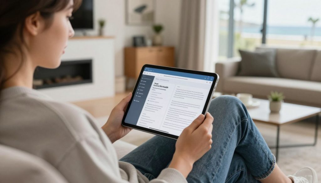 Customer reading FAQ information about drain cleaning services on tablet