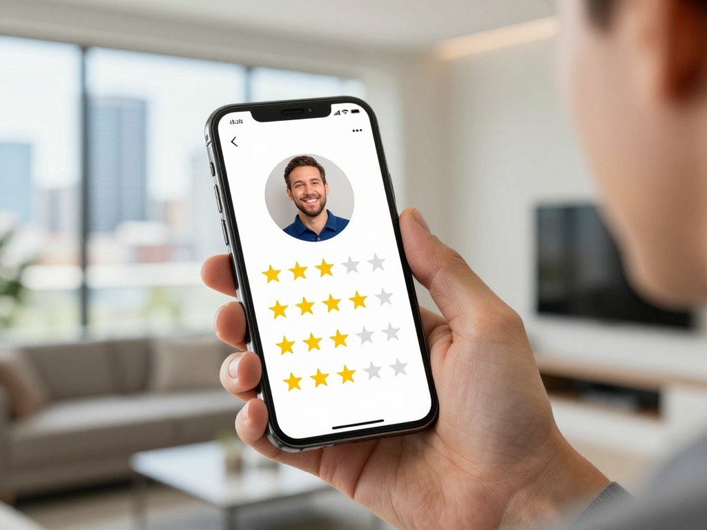 Customer reading positive reviews about drain cleaning service on mobile phone