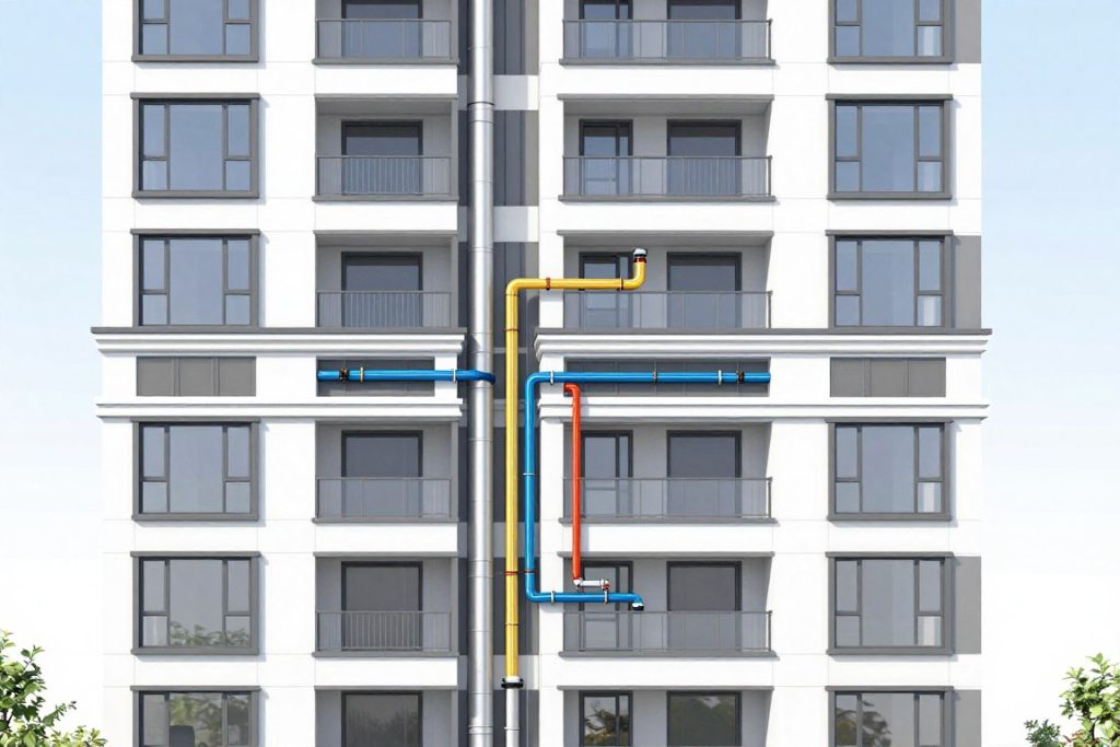 Diagram showing condo building shared drain system layout