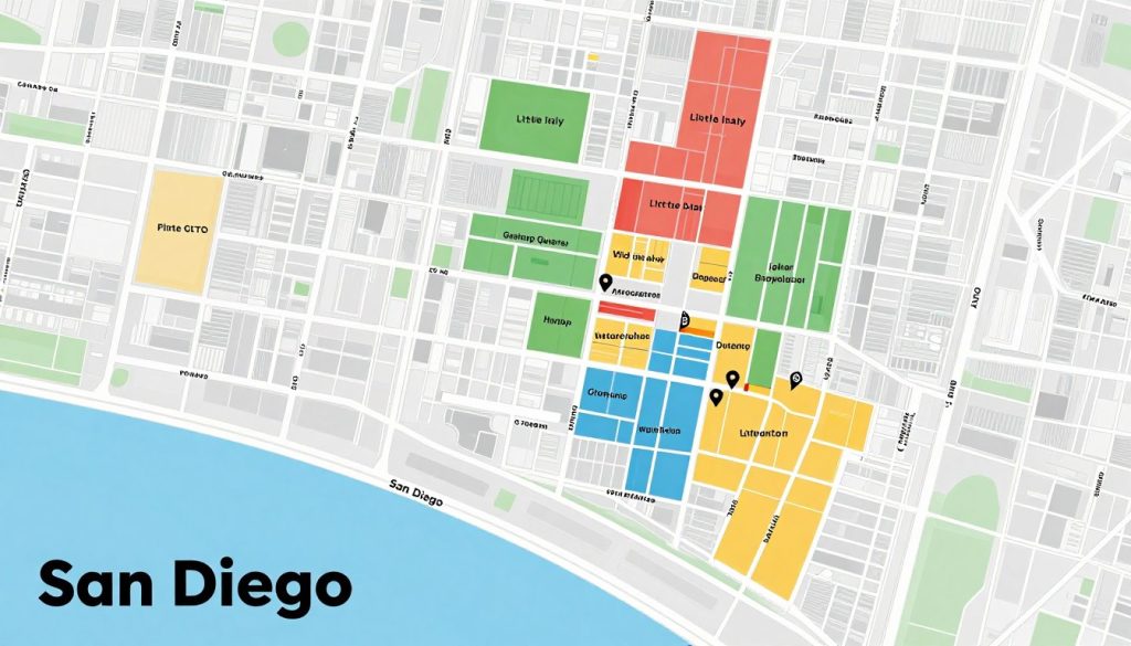 Downtown San Diego neighborhood map showing Little Italy, Gaslamp Quarter, and waterfront areas