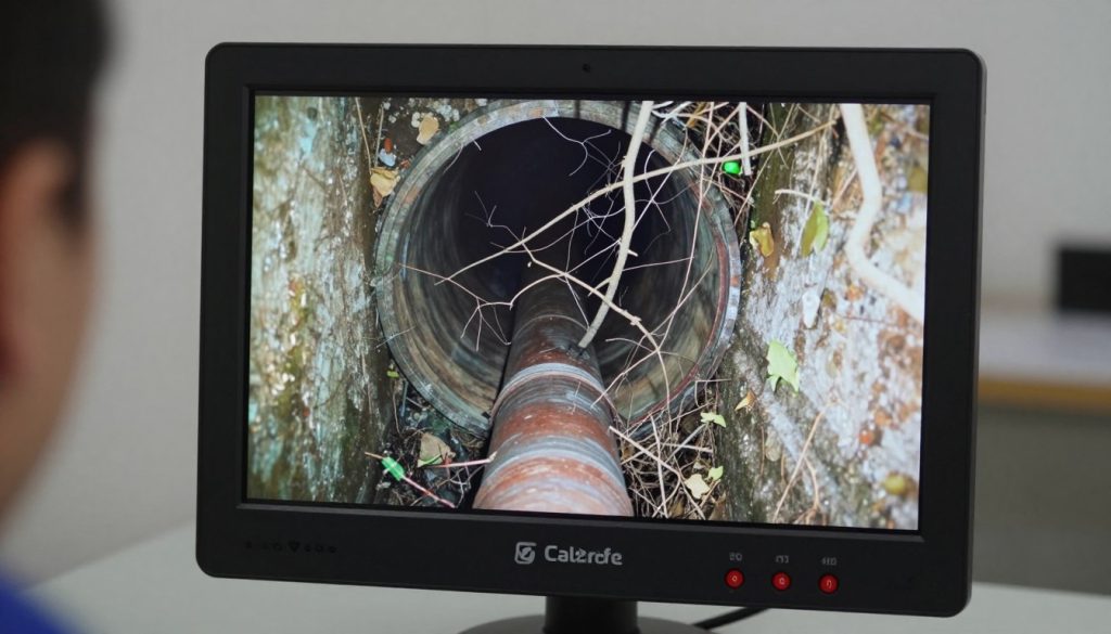 Drain camera inspection showing tree roots inside pipe