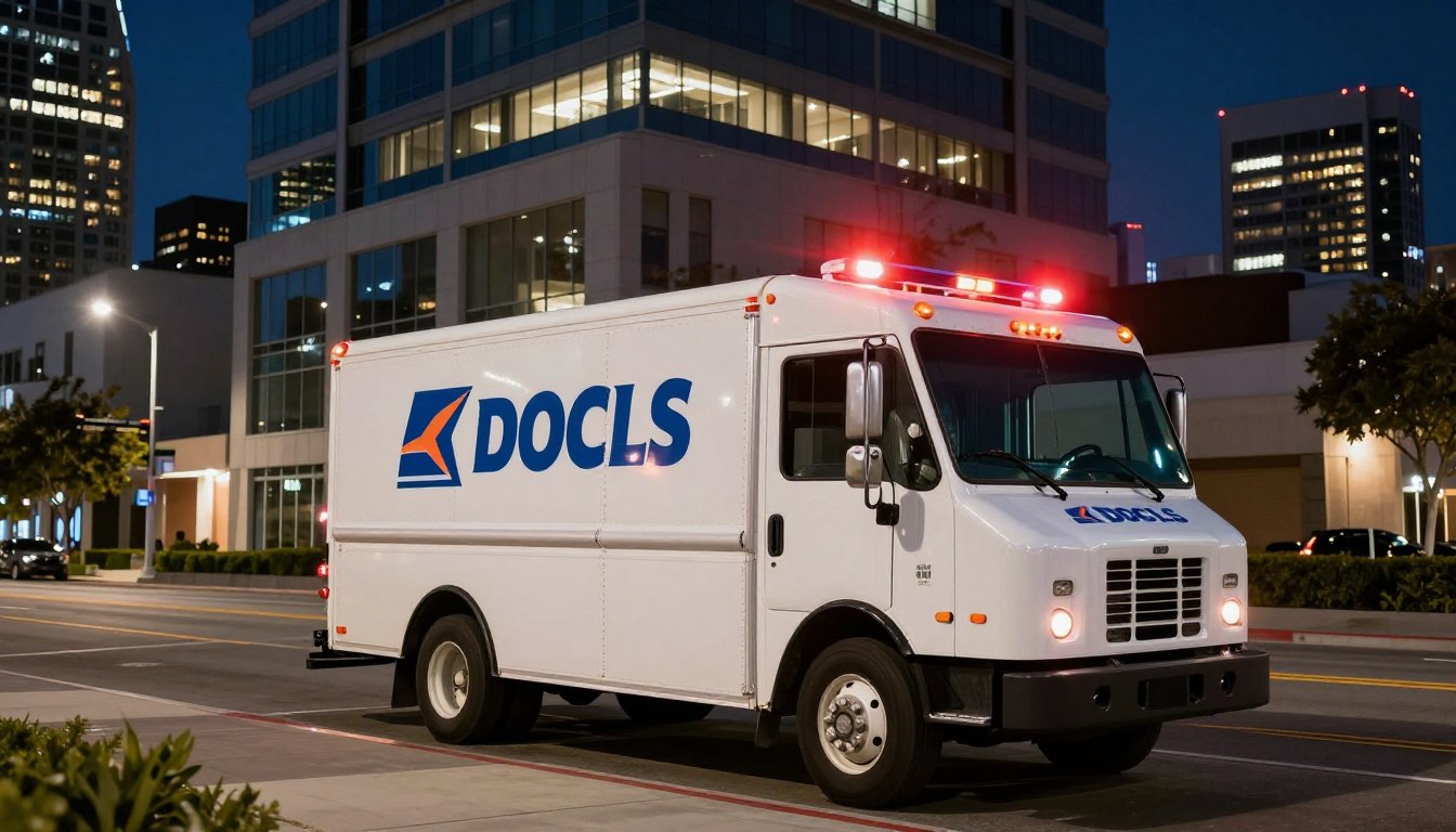 Emergency drain cleaning service truck arriving at downtown San Diego building at night