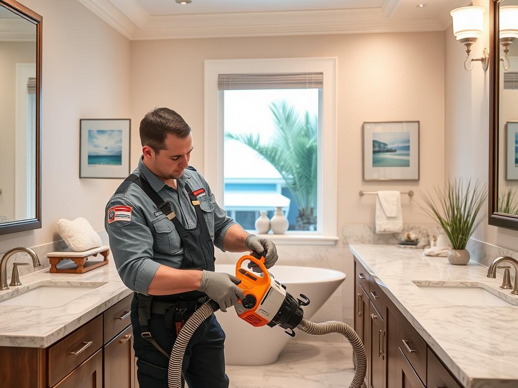 Emergency drain cleaning technician using professional equipment to clear clogged drain in La Jolla luxury home bathroom