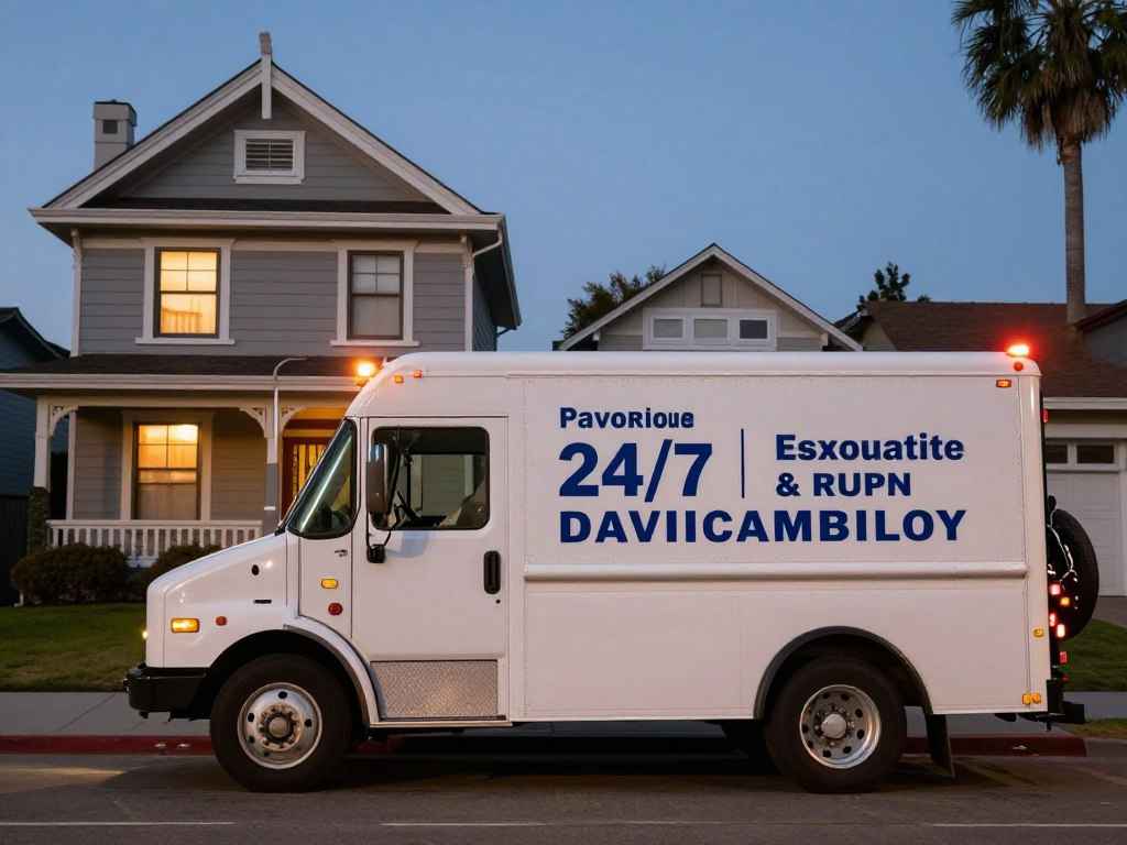 Emergency drain cleaning truck arriving at North Park home at night