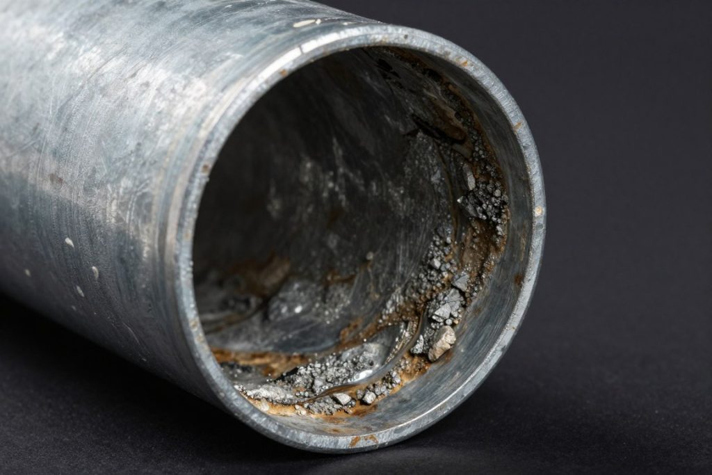Galvanized pipe showing mineral buildup and corrosion
