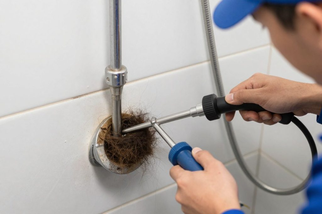 Hair clog being removed from bathroom shower drain