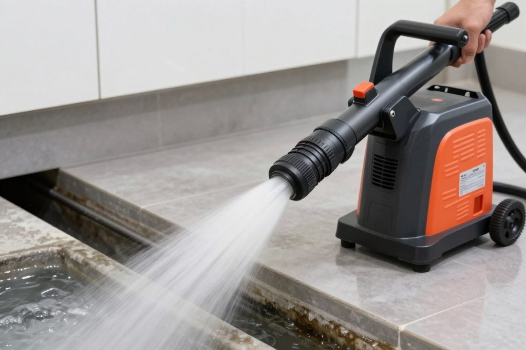 Hydro-jetting equipment in action showing water pressure cleaning pipe