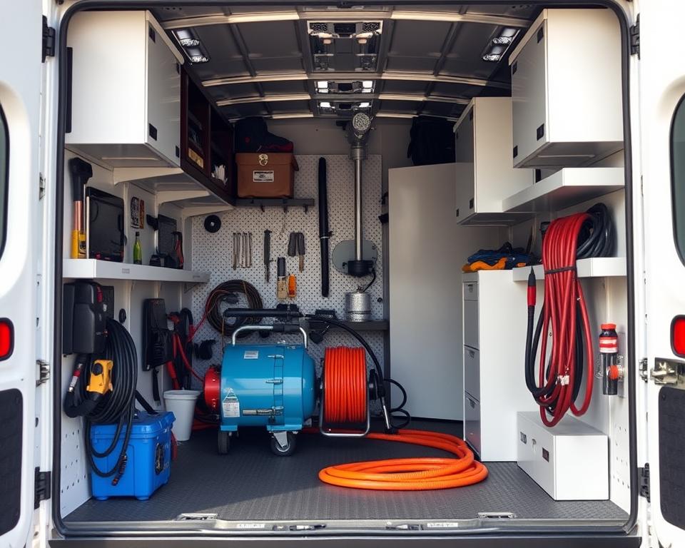 Interior of professional drain cleaning service truck showing organized equipment and tools