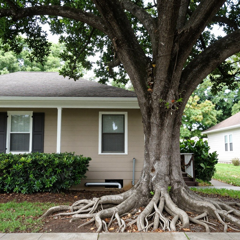 Mature tree roots near historic home foundation