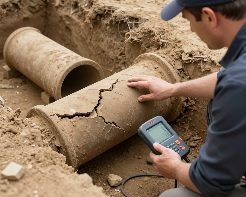 Old clay sewer pipe showing stress cracks