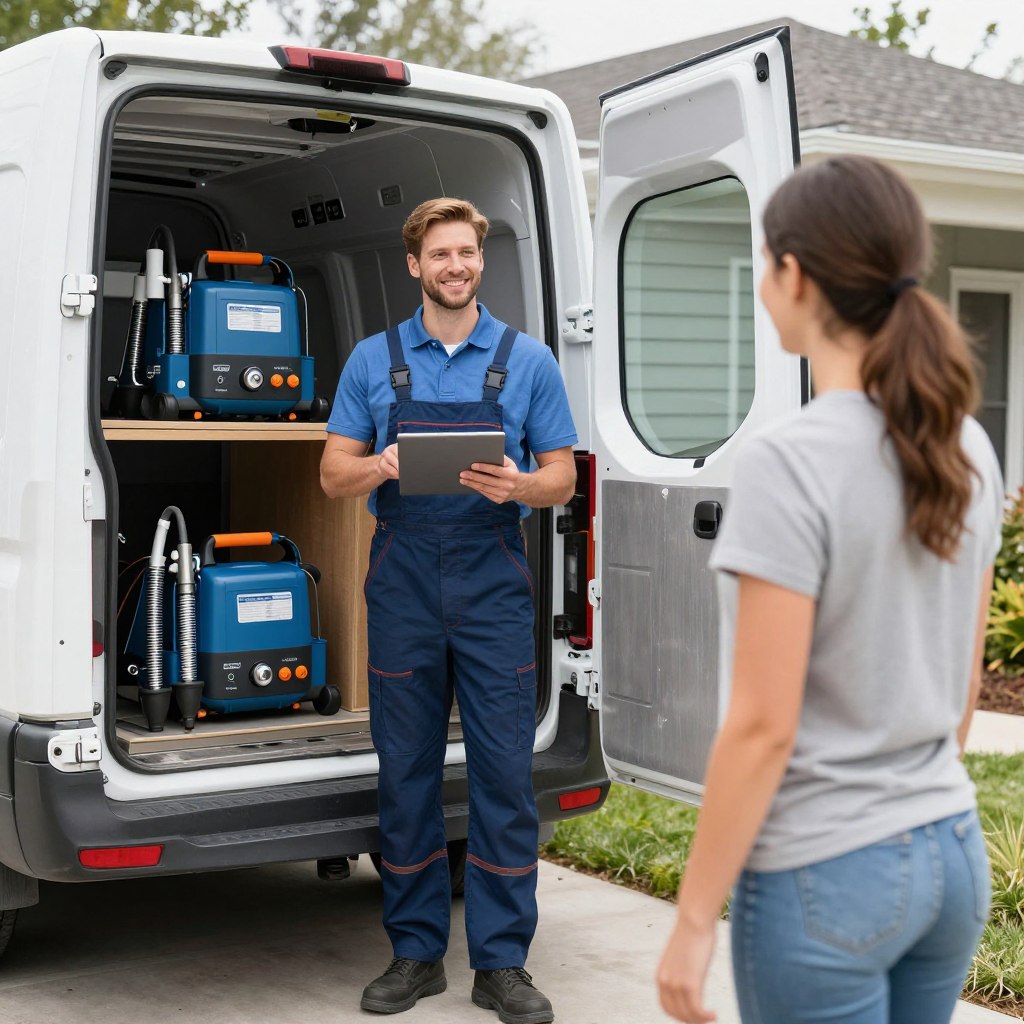 Plumber arriving with fully equipped service vehicle