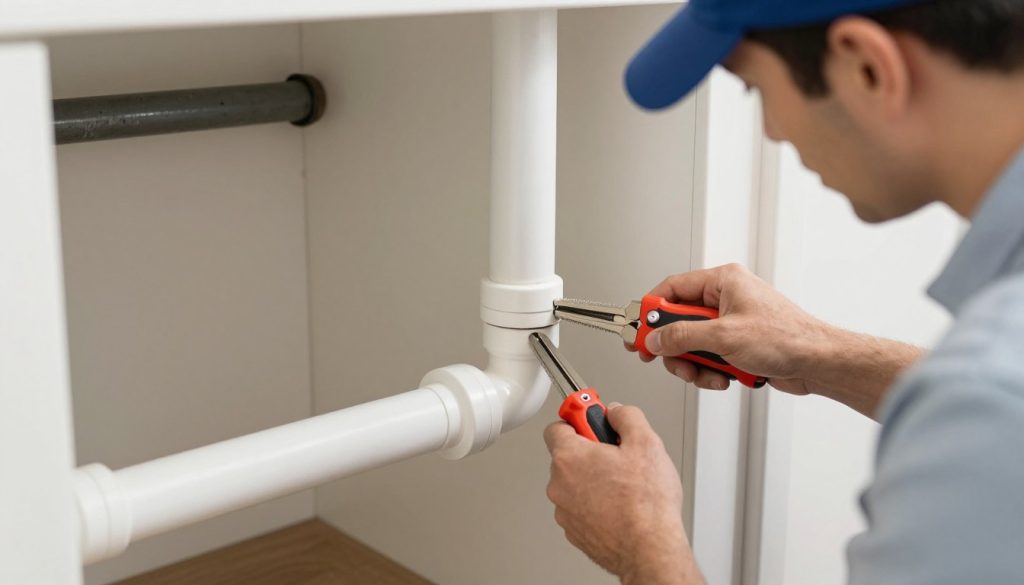 Plumber inspecting connection between old and new plumbing