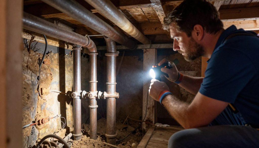Plumber inspecting drain problems in craftsman home crawl space