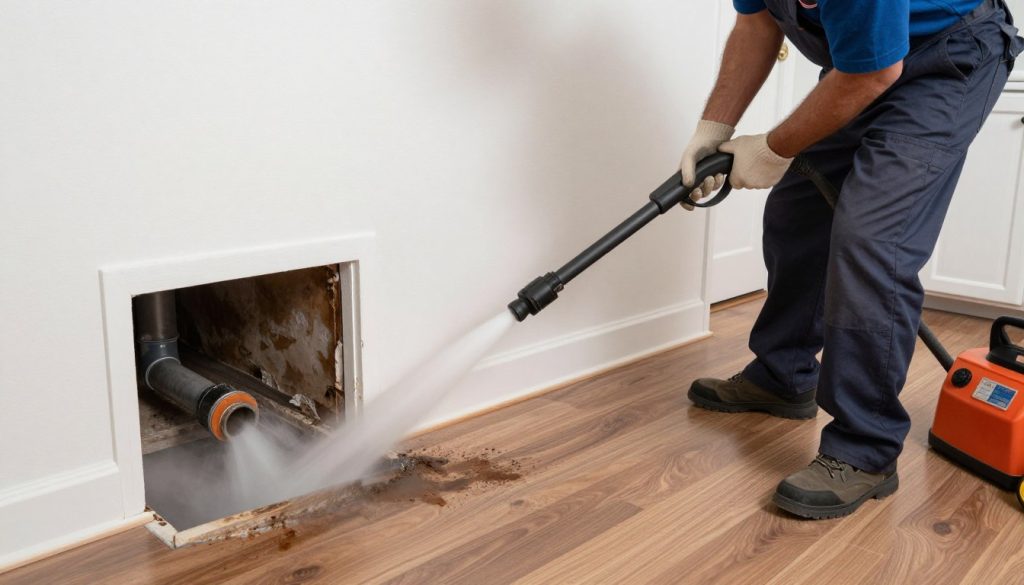 Plumber performing emergency drain cleaning with hydro-jetting equipment