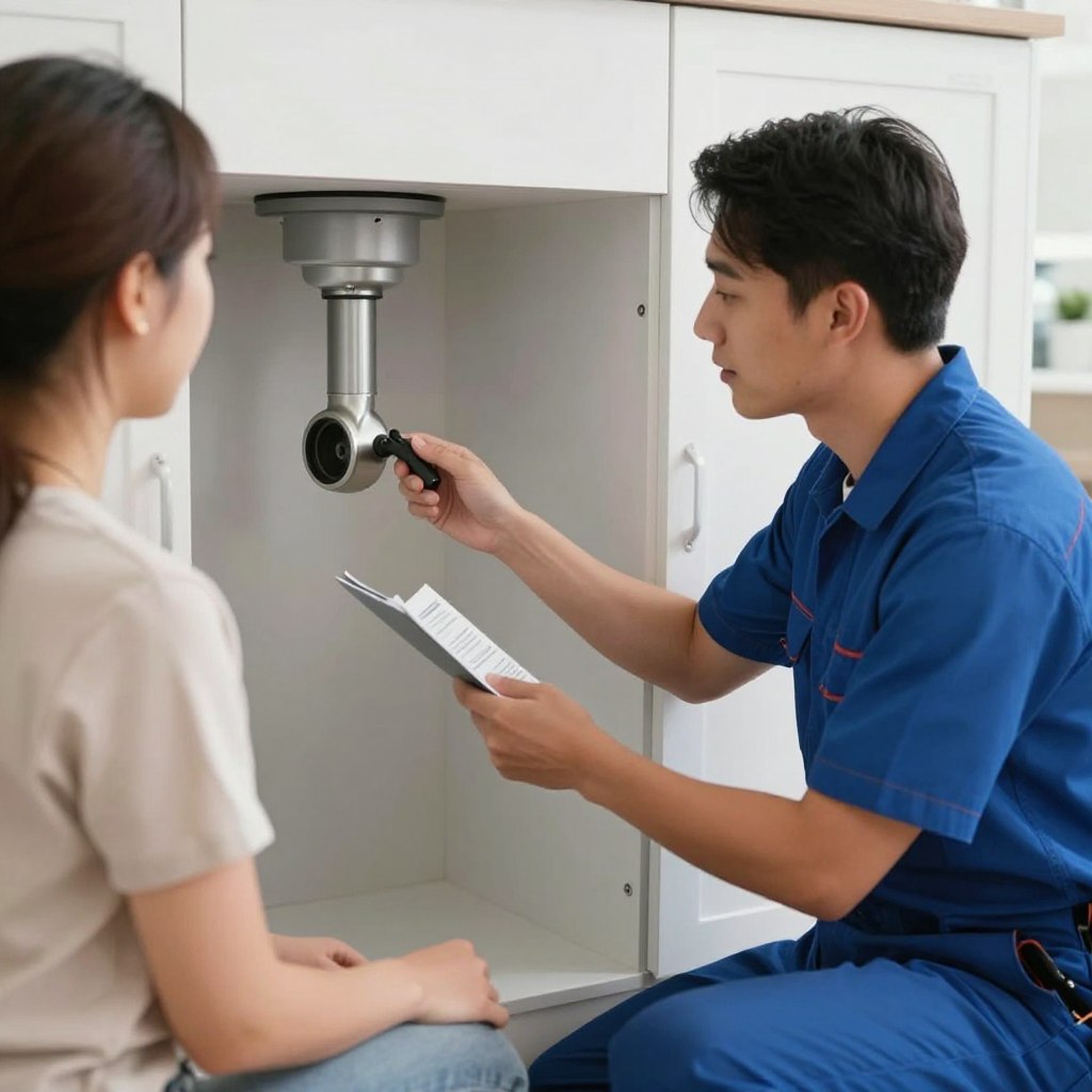Plumber providing maintenance recommendations to homeowner