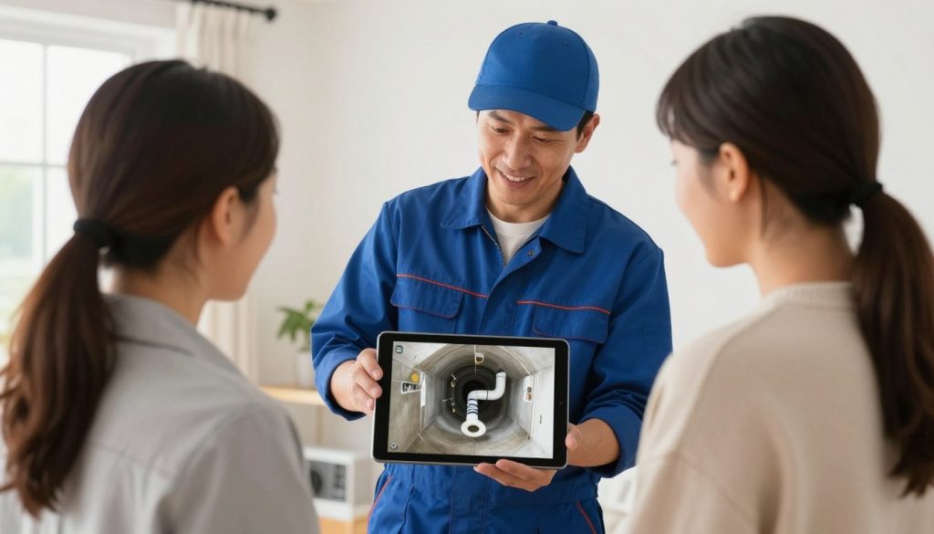 Plumber showing homeowner camera inspection results on tablet screen