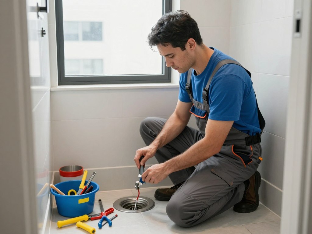 Plumber working efficiently in tight downtown San Diego condo space