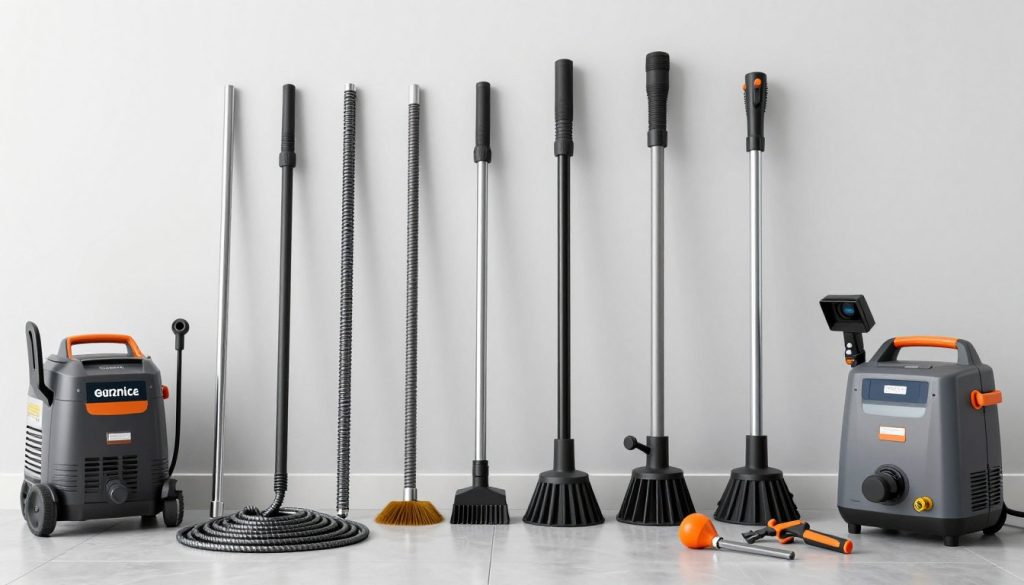 Professional drain cleaning equipment laid out for service call