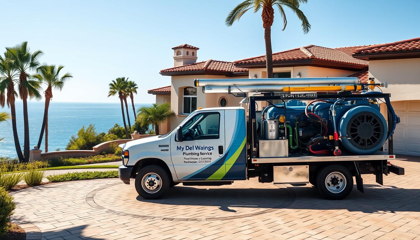 Professional drain cleaning service truck parked in front of luxury La Jolla coastal home with ocean view