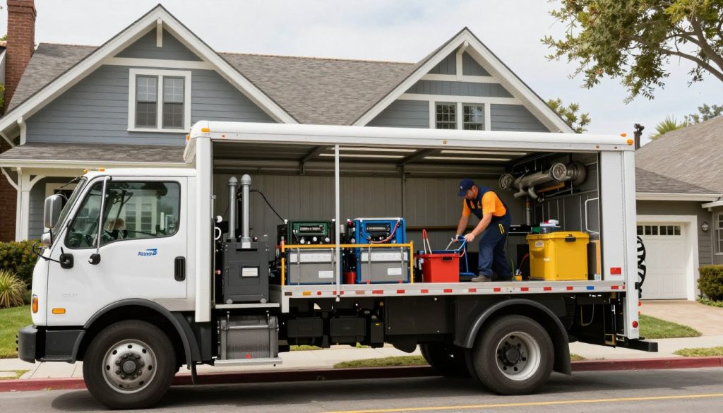 Professional plumber arriving at Mission Hills home in service truck