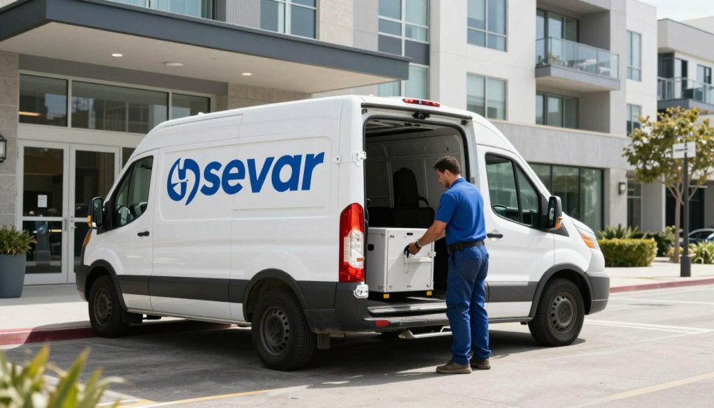 Professional plumber arriving at downtown San Diego condo building for same-day service