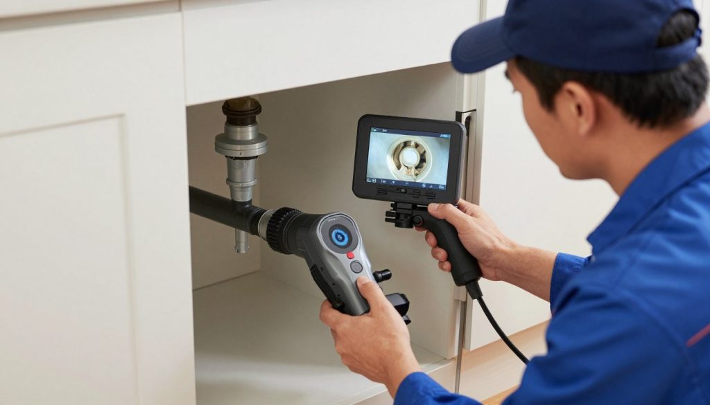 Professional plumber performing camera inspection of drain line in Pacific Beach home