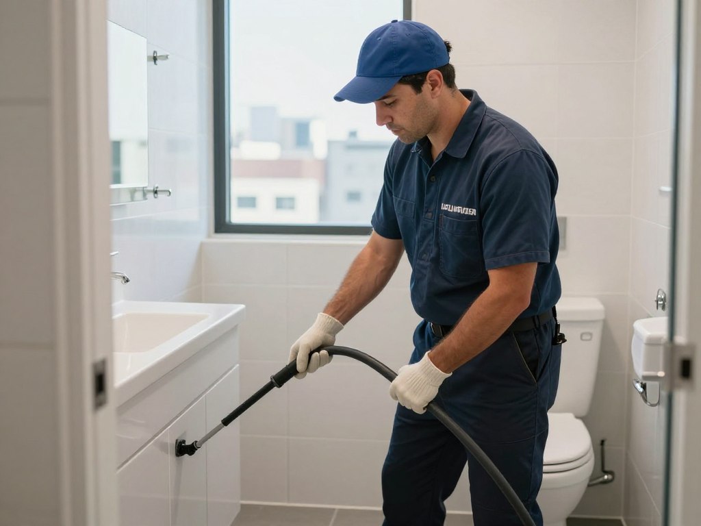 Professional plumber performing emergency drain cleaning in downtown San Diego bathroom