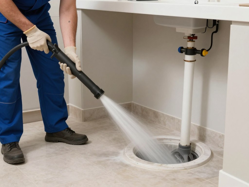 Professional plumber performing emergency drain cleaning with modern equipment