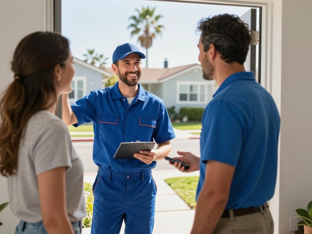 Professional plumber providing drain cleaning service to happy Pacific Beach homeowner
