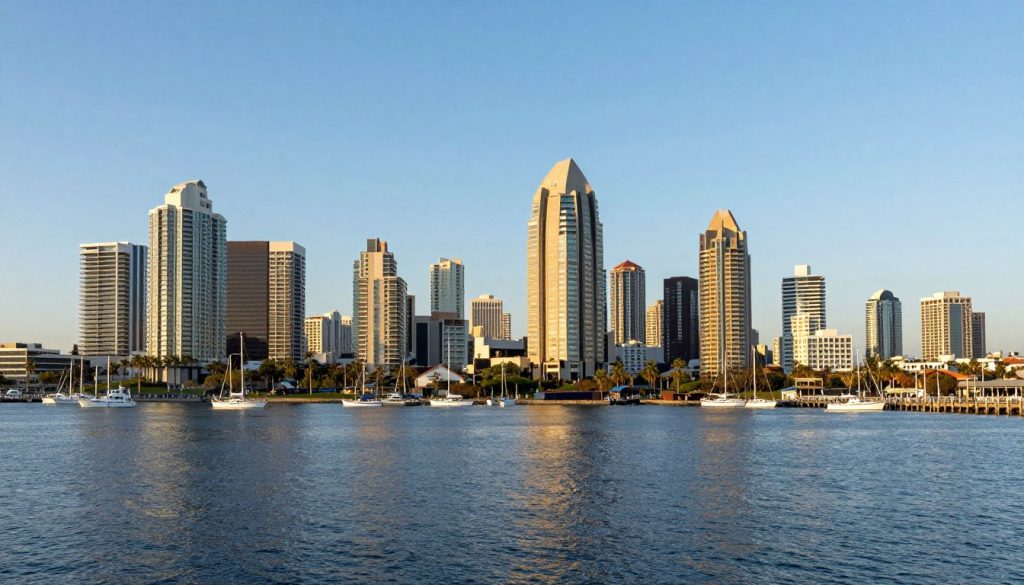 San Diego Bay waterfront view showing downtown buildings and coastal proximity