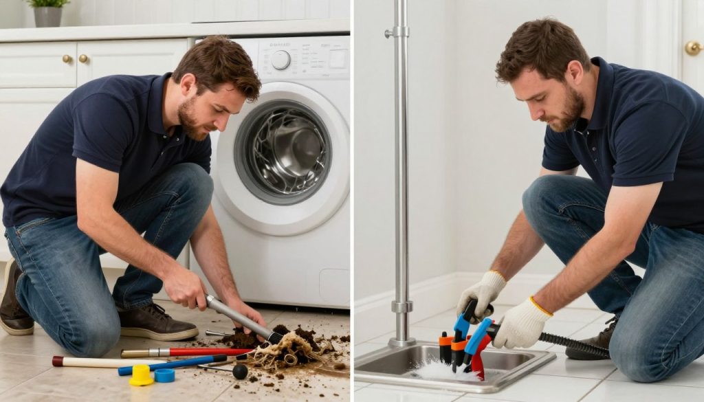 Side-by-side comparison of amateur and professional drain cleaning