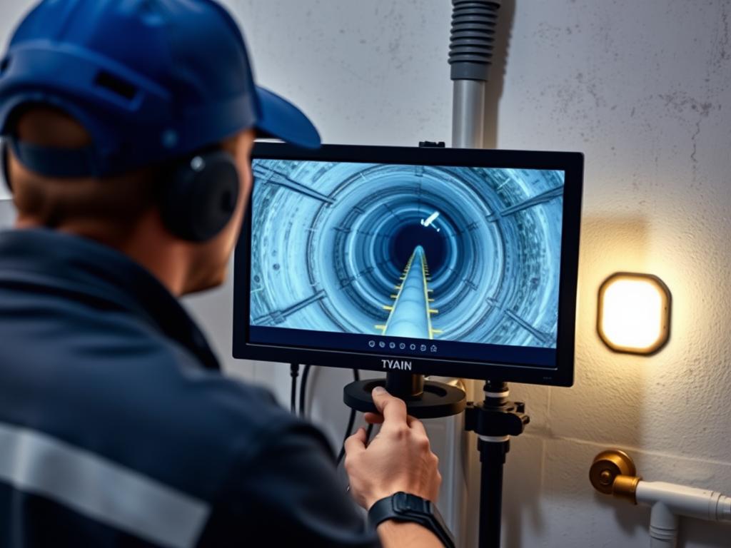 Technician operating video camera inspection equipment showing drain pipe interior on monitor screen