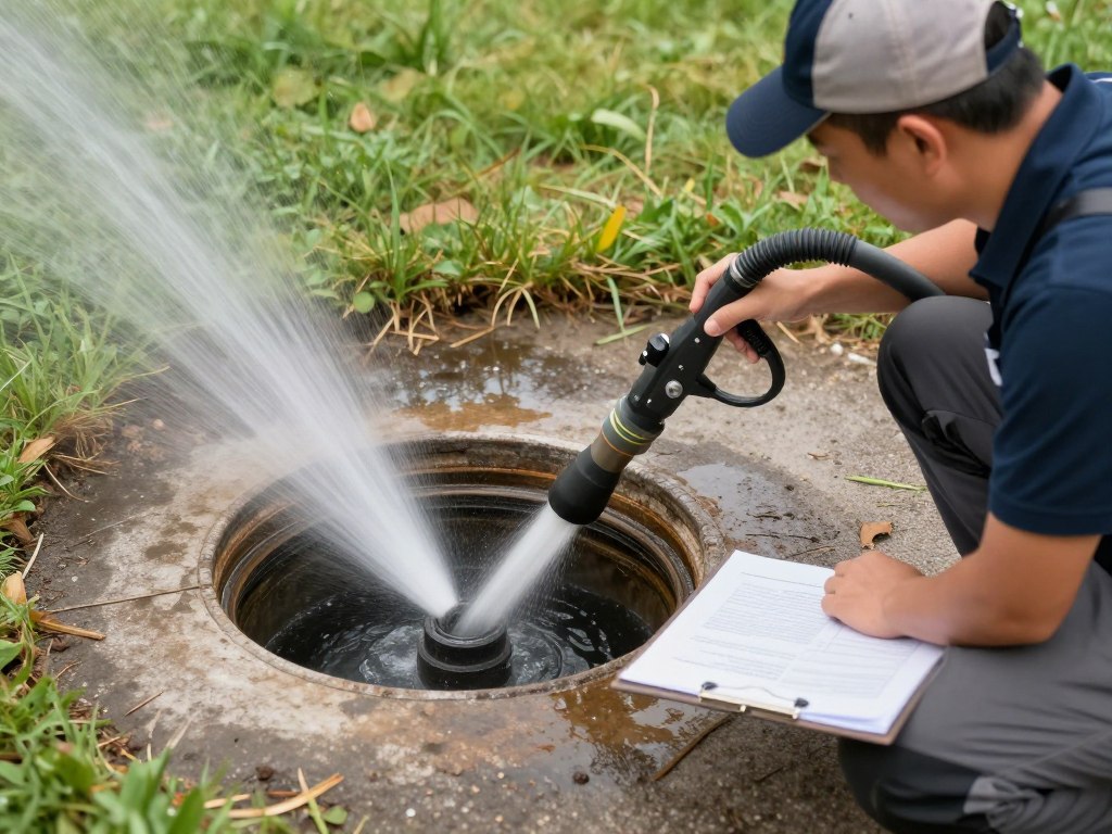 Technician using hydro jetting equipment on main sewer line