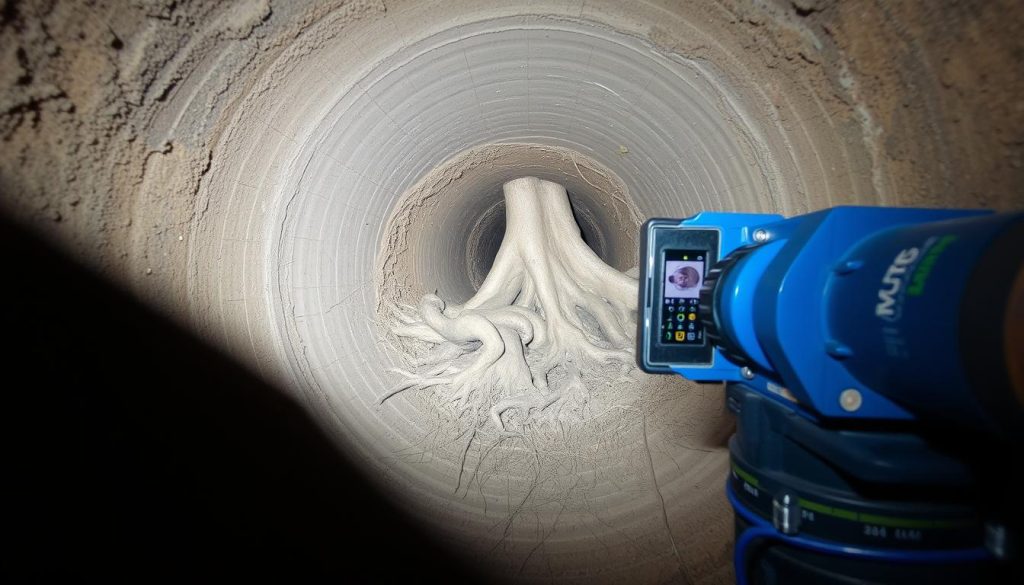 Tree root intrusion visible inside sewer pipe during camera inspection in La Jolla property