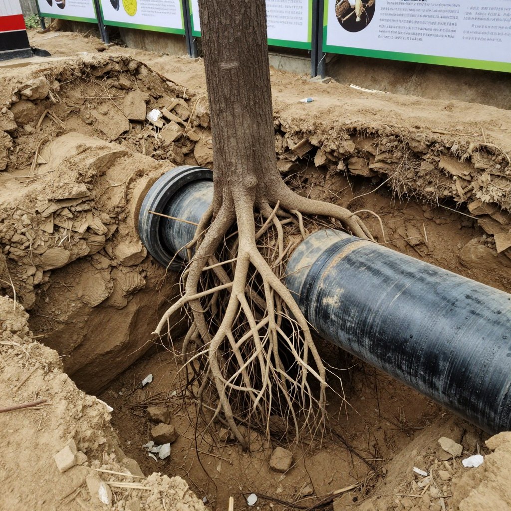 Tree roots growing through old drain pipe joints