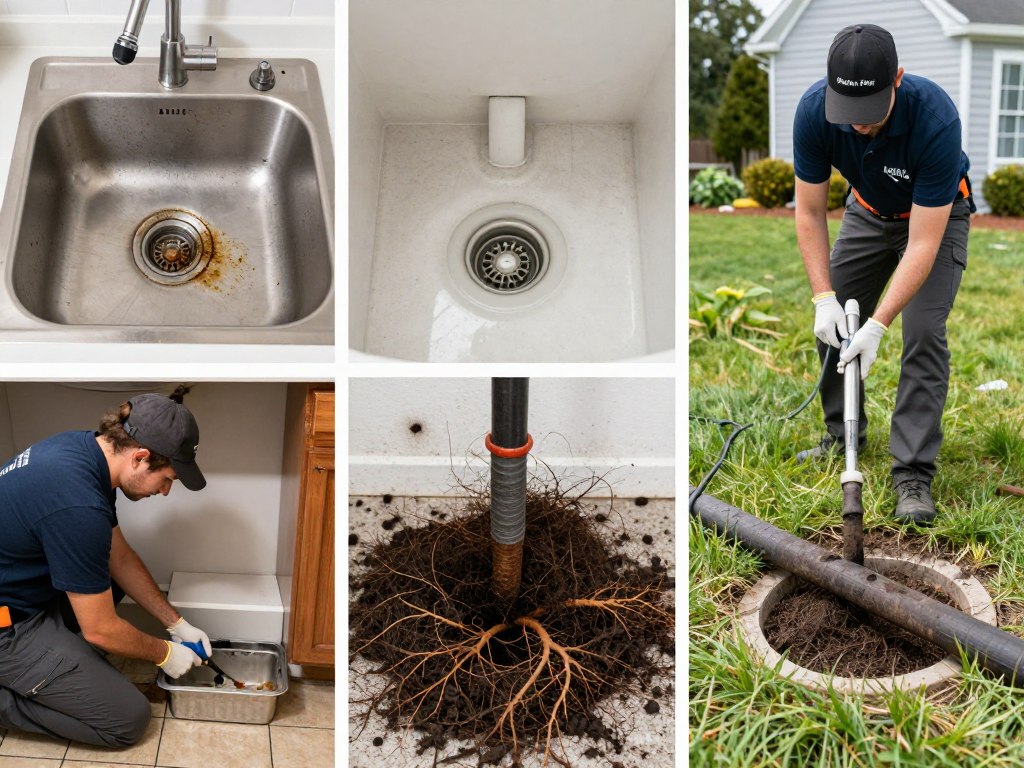 Various types of drain clogs being cleared in North Park home
